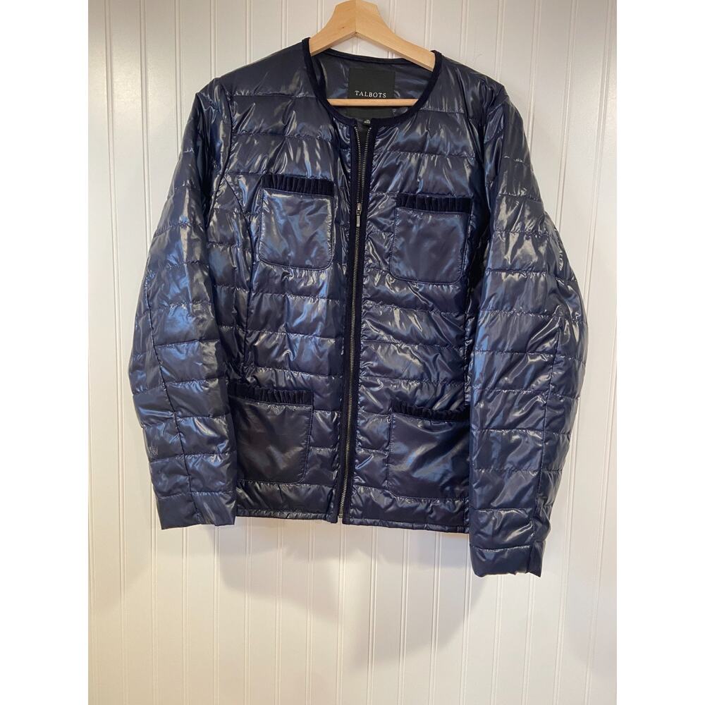 Talbots Puffer Jacket Womens Size XL Blue Pockets Lightweight Packable, Velvet